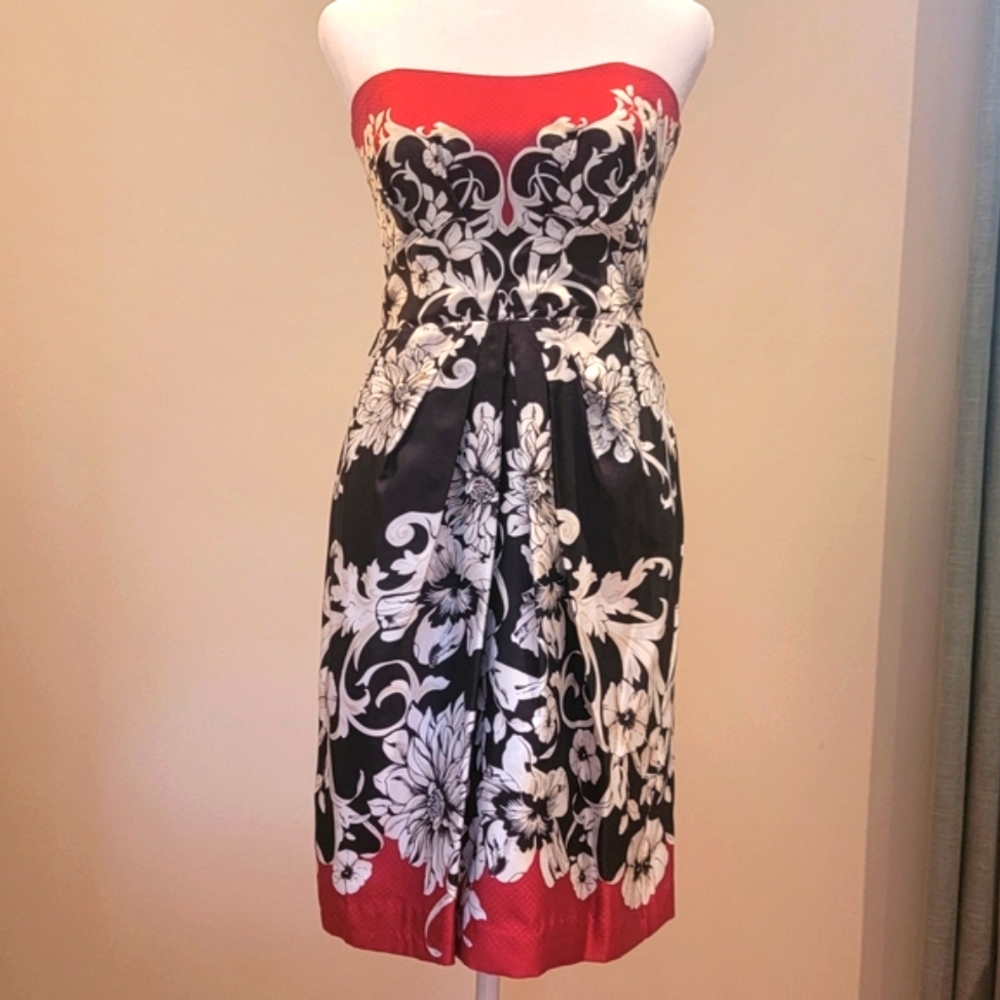 White House Black Market Strapless Black and Red Floral Dress